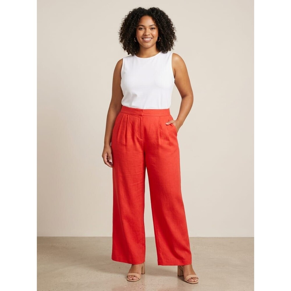 Vibrant Red Linen Blend Wide Leg Pants Pockets Pleated High Rise Size XL